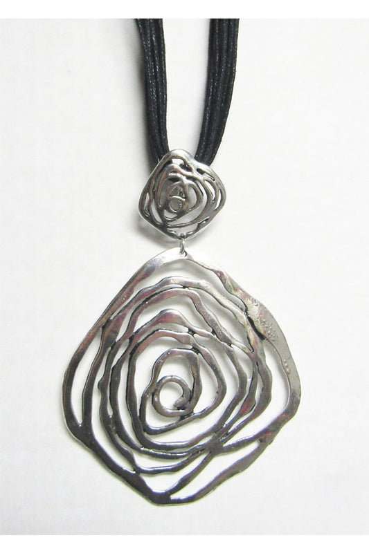 Long Black Cord With Silver Metal Pendant - Swirls