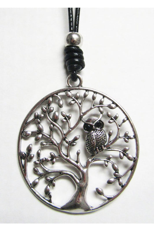 Long Black Cord With Silver Metal Pendant - Tree Owl