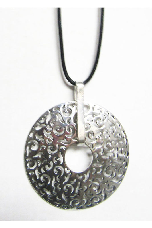 Long Black Cord With Silver Metal Pendant -Filigree Circle