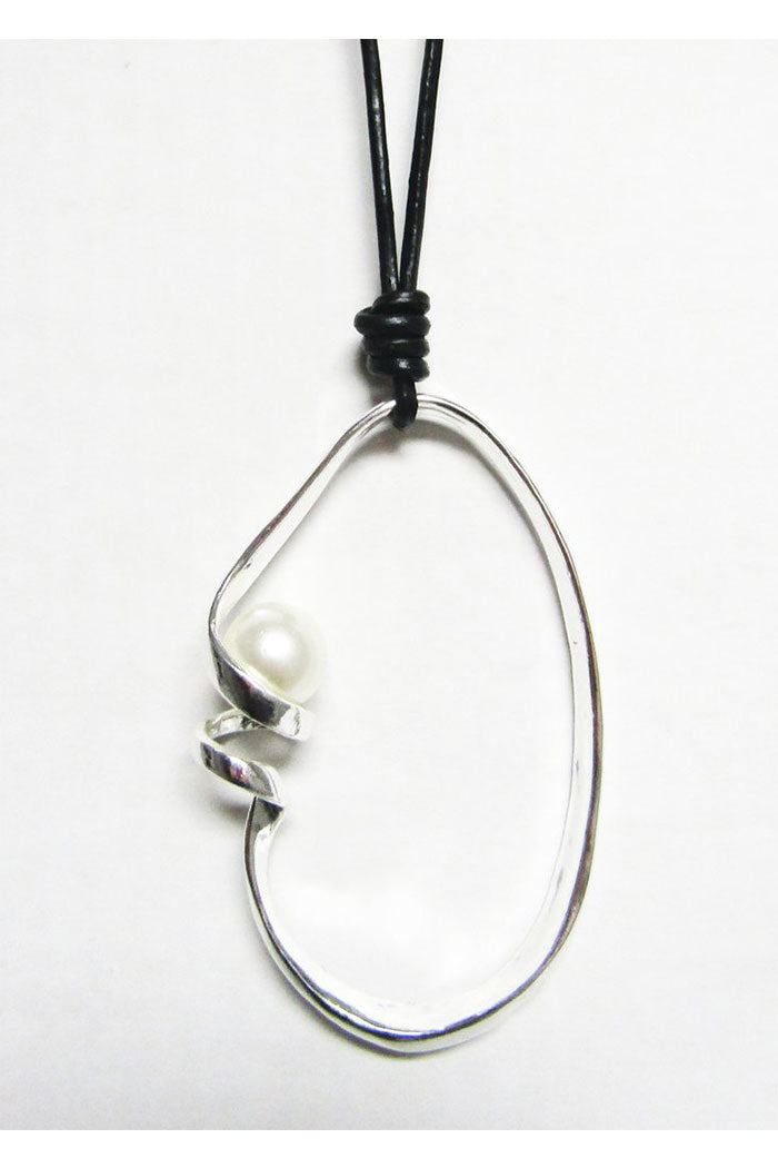 Long Black Cord With Silver Metal Pendant -Sphere With Pearl