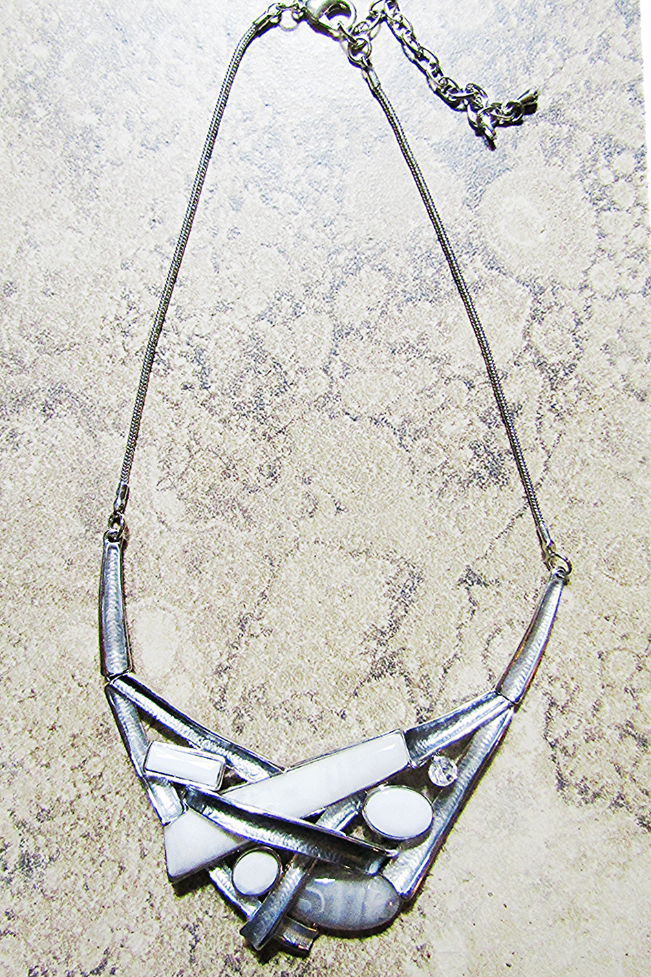 Criss Cross Design Silver Necklace with Grey & White Stones