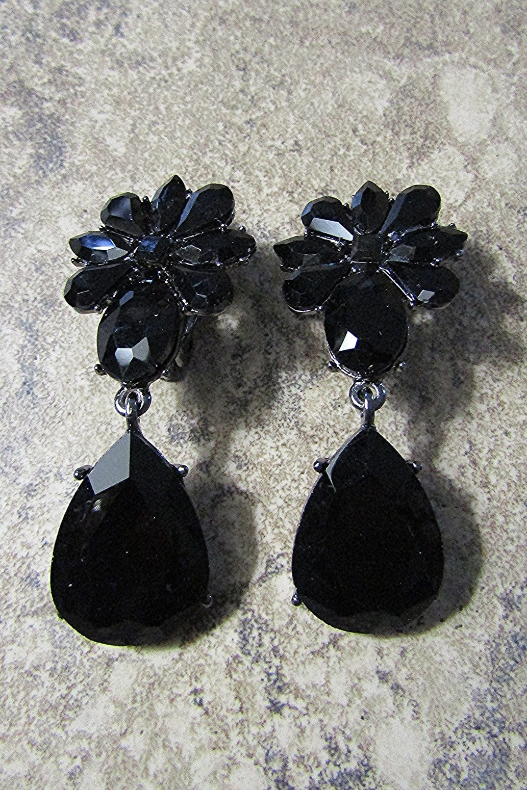 Floral and Teardrop Black Crystal Clip Earring