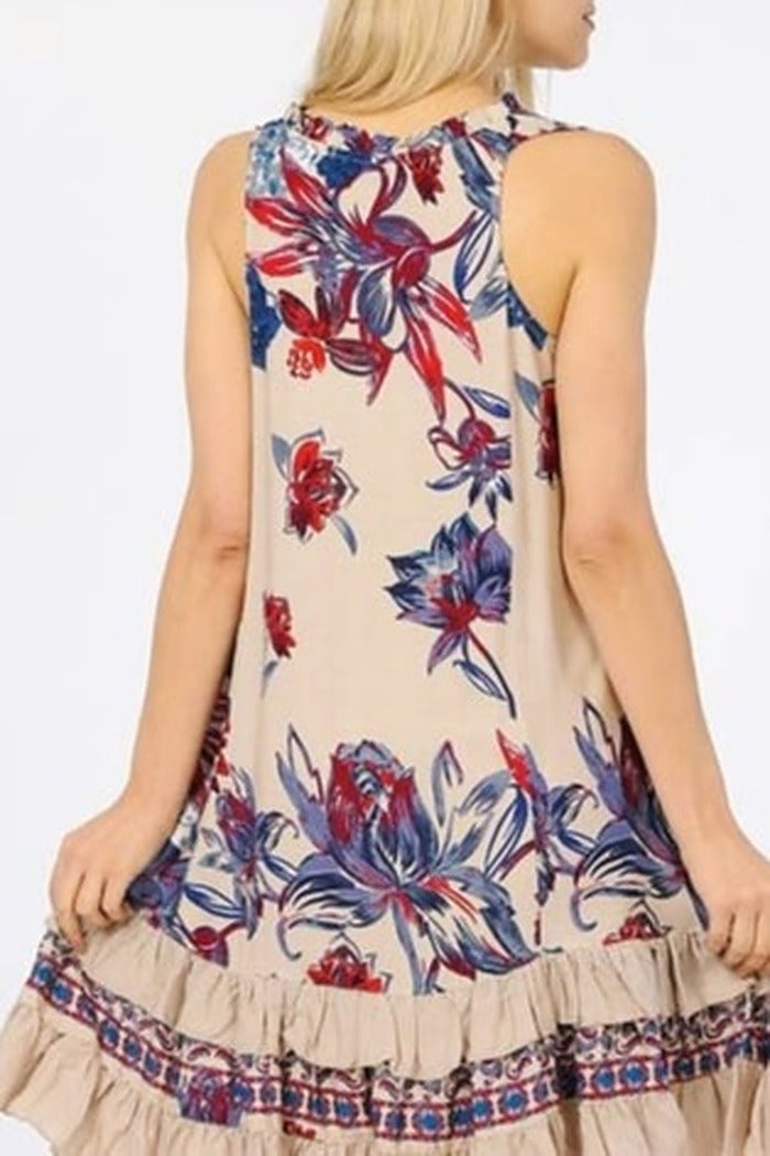 Ruffle Trimmed Sleeveless Dress in Red/Blue Floral