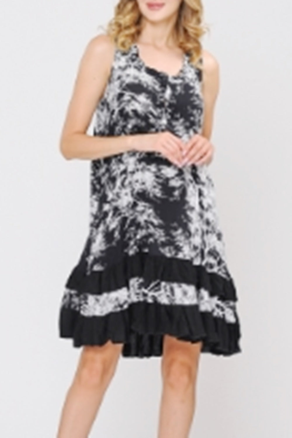 Ruffle Trimmed Sleeveless Dress in Abstract Tree Print