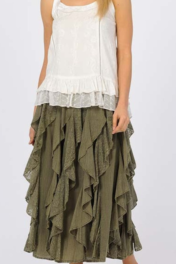 Ruffled Long Cotton Skirt in Olive