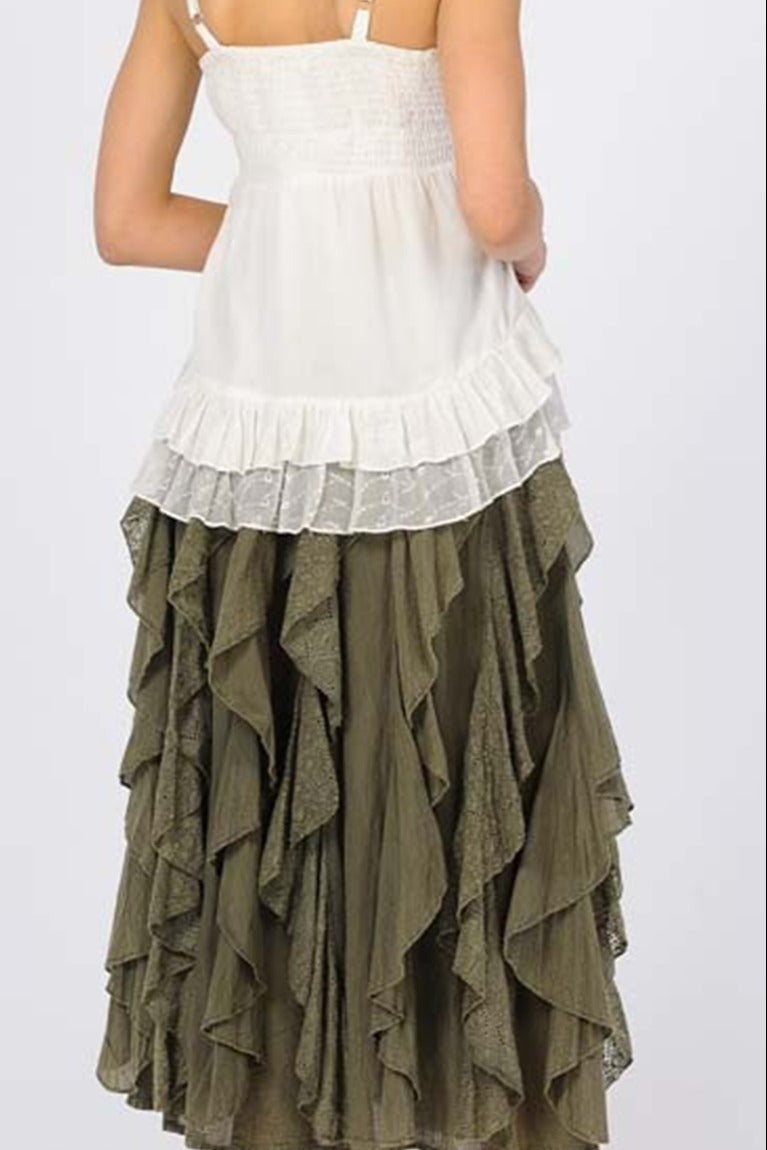 Ruffled Long Cotton Skirt in Olive