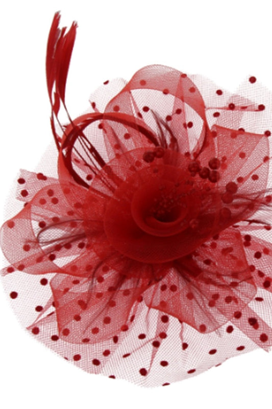 MESH FLORAL FEATHER FASCINATOR with DOTTED RUFFLE - Red