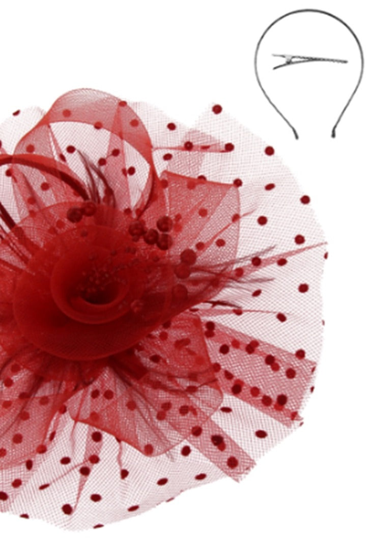 MESH FLORAL FEATHER FASCINATOR with DOTTED RUFFLE - Red