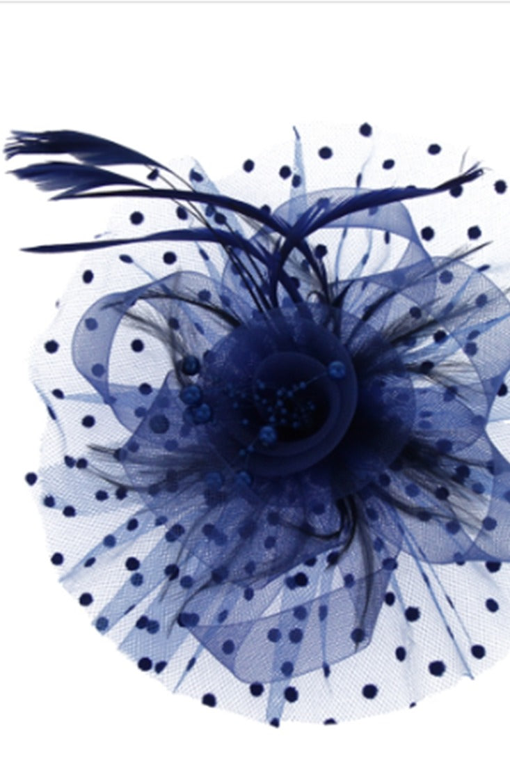 MESH FLORAL FEATHER FASCINATOR with DOTTED RUFFLE - Royal