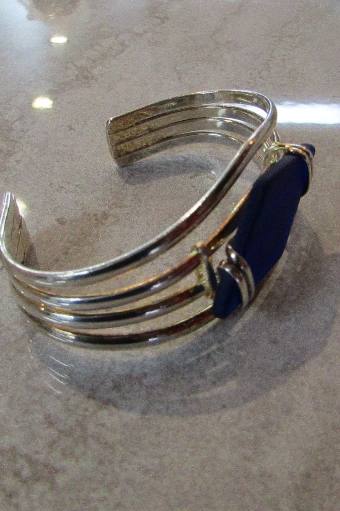 SIilverplate and Seaglass Cuff Bracelet - Blue