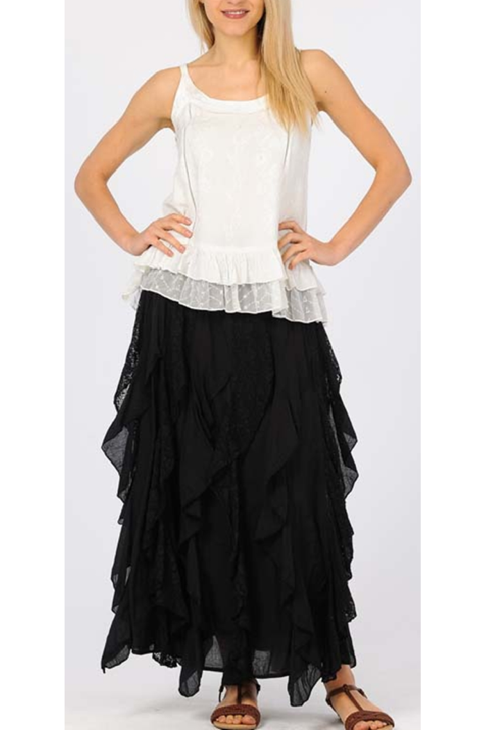 Ruffled Long Cotton Skirt in Black