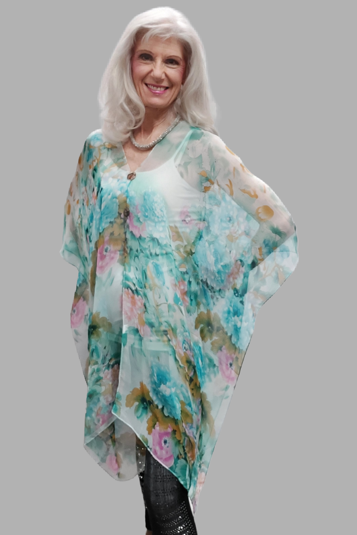 Silky Sheer Poncho - Turquoise Floral