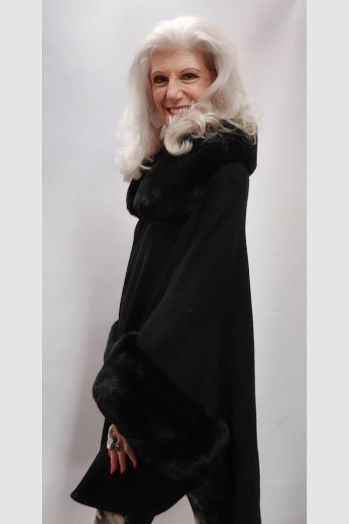 Knit Cape/Poncho Trimmed in Luxurious Faux Fur