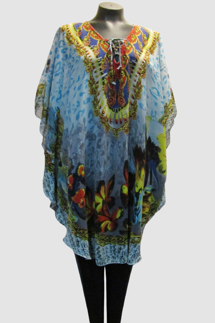 Beaded Kaftan in Sheer Blue/Orange Print