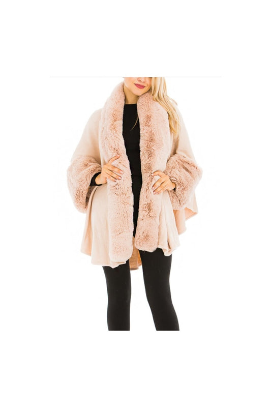 Knit Cape/Poncho Trimmed in Luxurious Faux Fur-Blush Pink