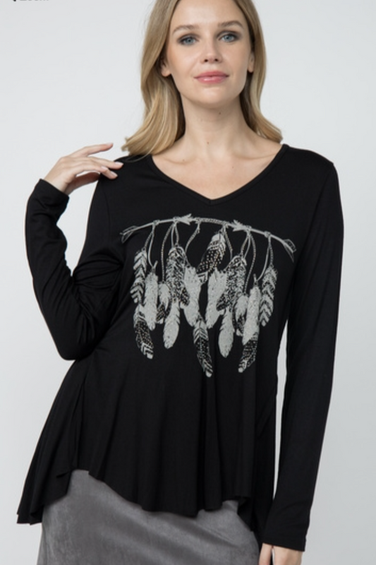 V-Neck Long Sleeve Top with Feather Print