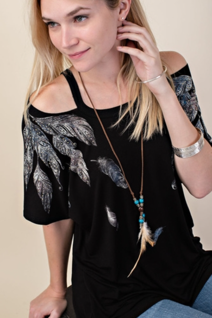 Shimmery Feather Print Cold Shoulder Top