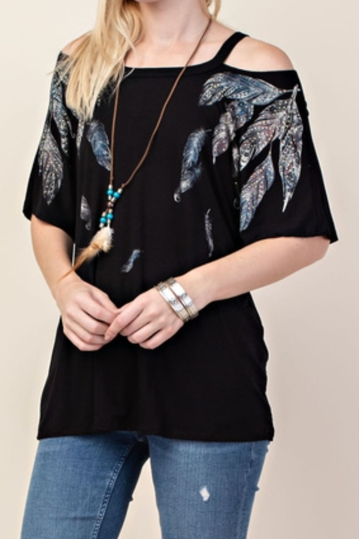Shimmery Feather Print Cold Shoulder Top