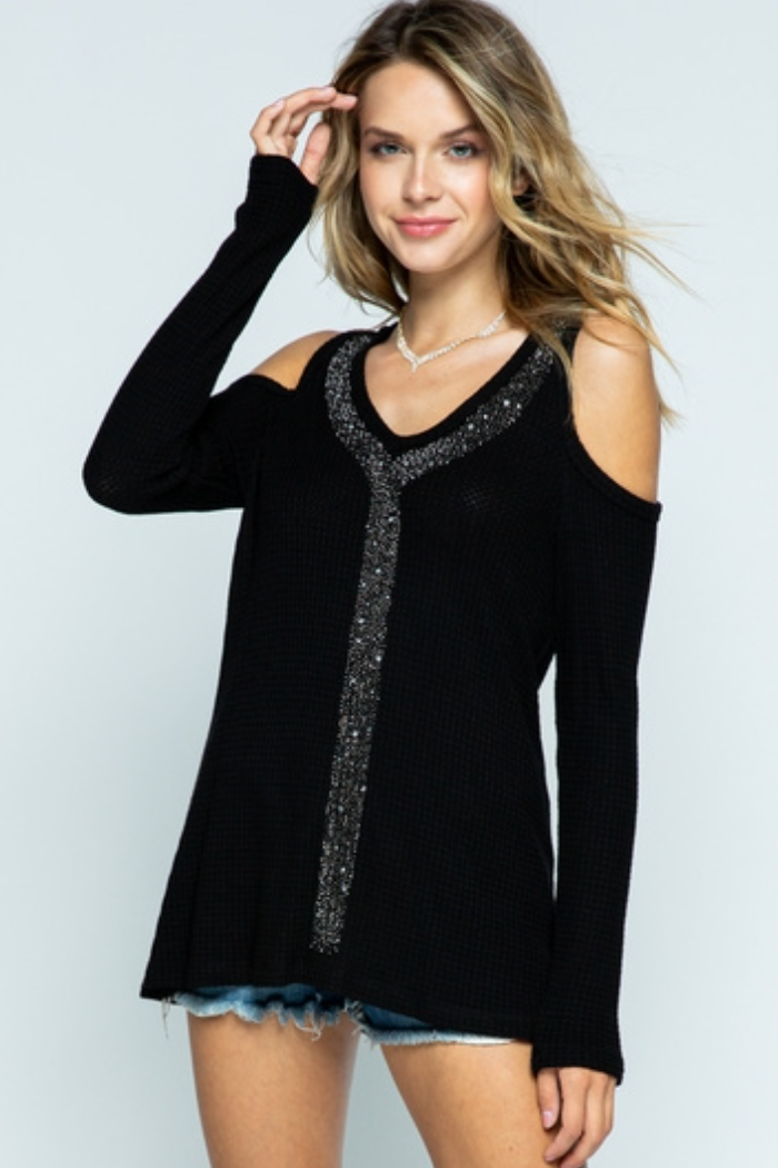 Cold Shoulder Long Sleeve Top with Stone Detailing