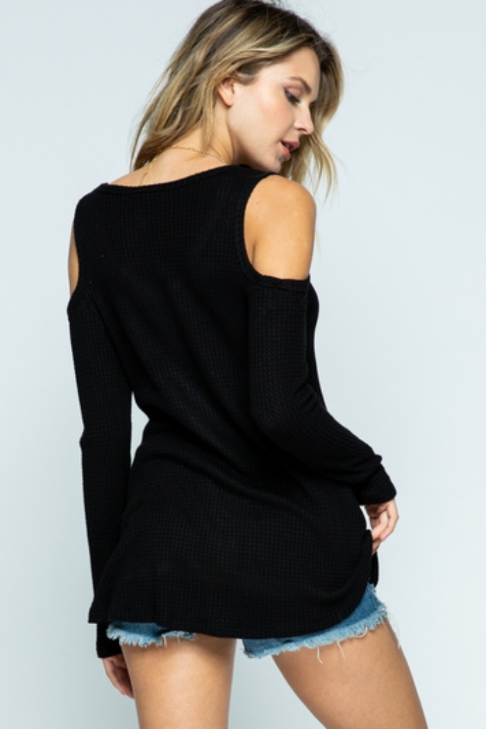 Cold Shoulder Long Sleeve Top with Stone Detailing