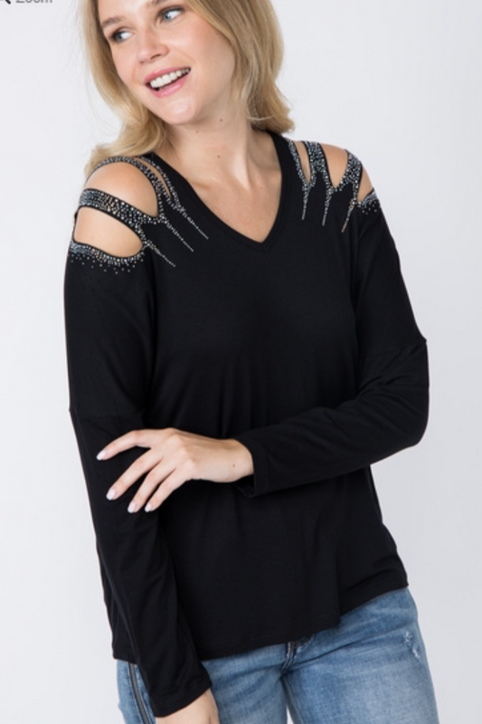 Long Sleeve Top with Laser Cut-Out Shoulder featuring Stone Detailing