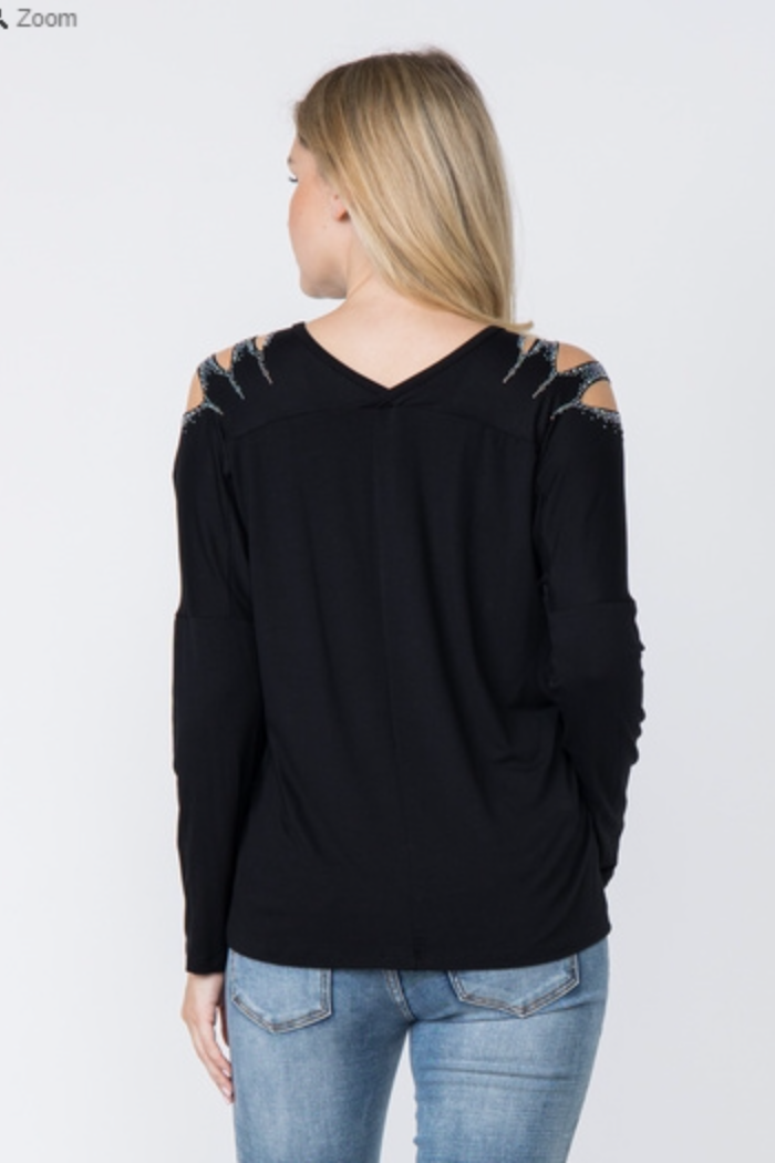 Long Sleeve Top with Laser Cut-Out Shoulder featuring Stone Detailing