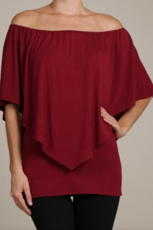 Convertible Elasticized Neckline Top - Burgandy
