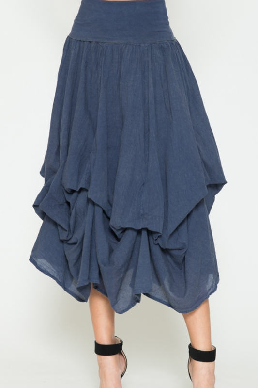 Midi Cotton  Bubble Skirt in Sand Wash Denim Blue