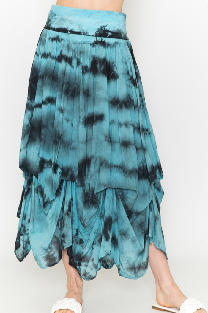 Midi Cotton Bubble Skirt - Teal-Black Tie Dye