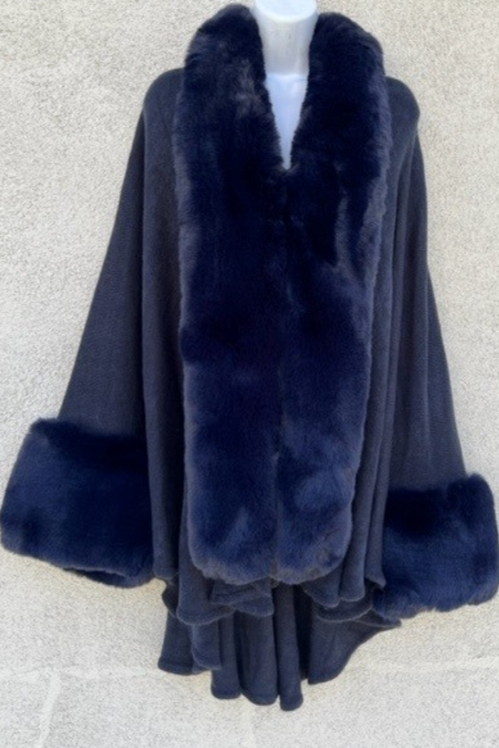 Elegant Faux Fur Trimmed Navy Poncho/Cape