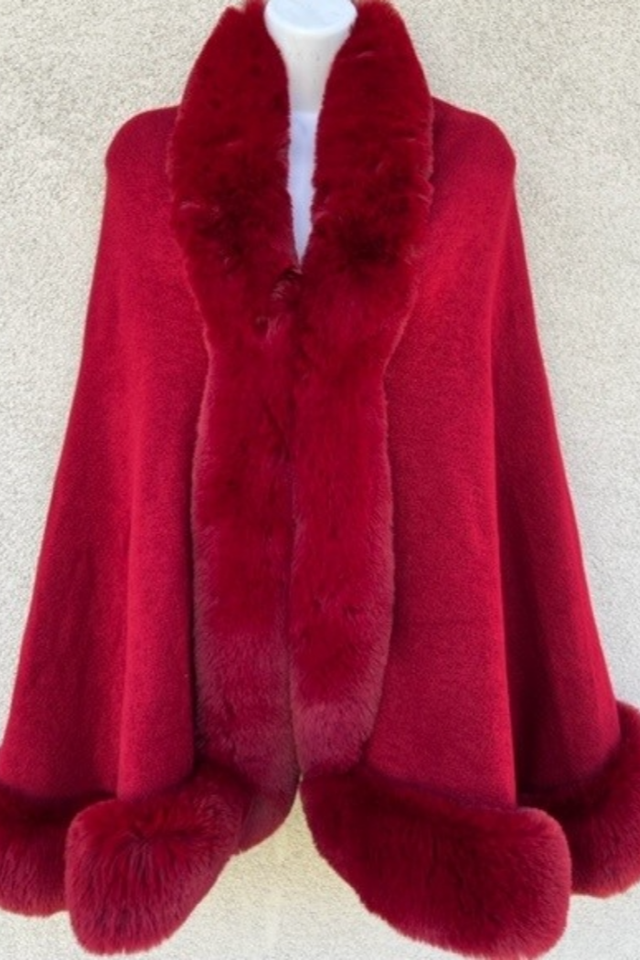 Red Fax Fur Trimmed Cape/Poncho