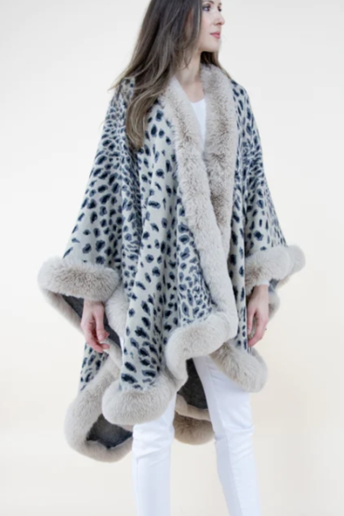 Cheetah Print  Faux Fur Trimmed Cape