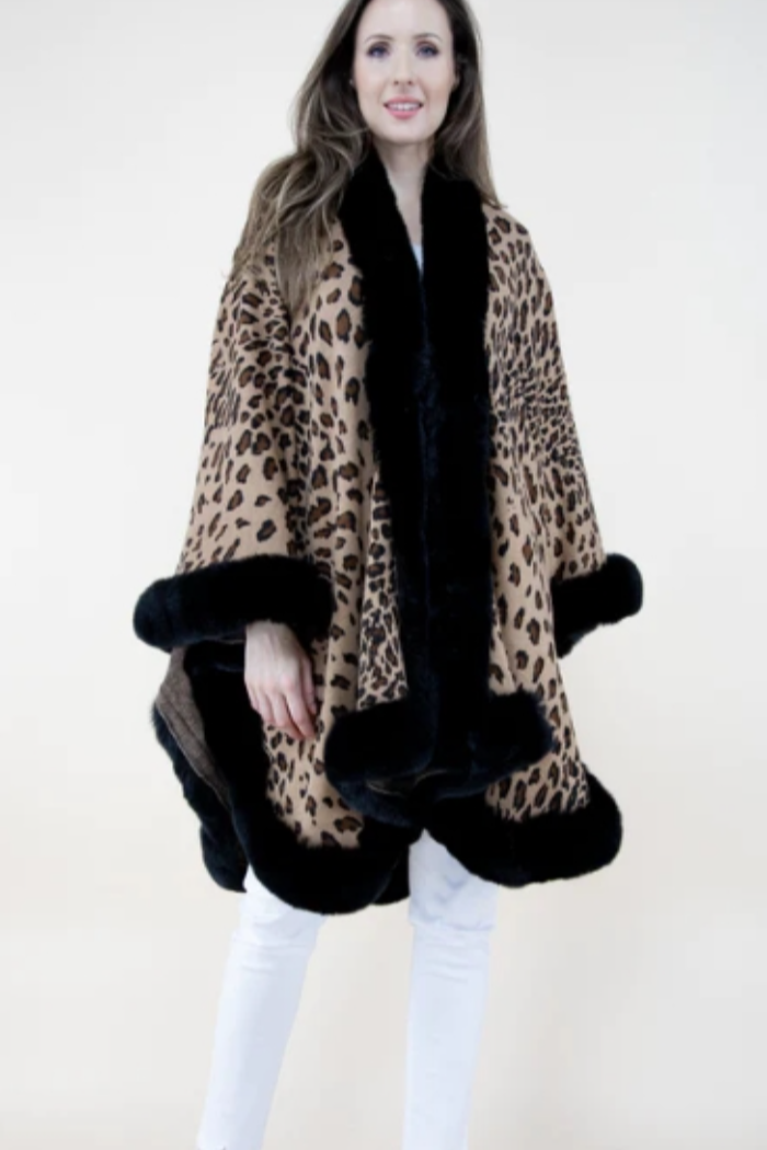 Cheetah Print Faux Fur Trimmed Cape