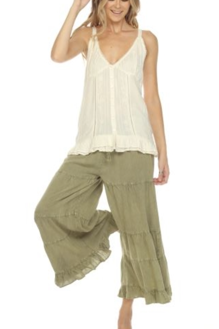 Olive Stone Wash Long Tiered Pant