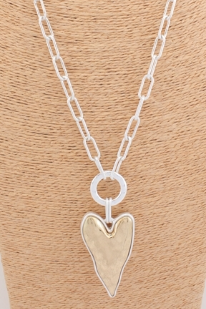 Hammered Gold & Silver Long Heart Pendant