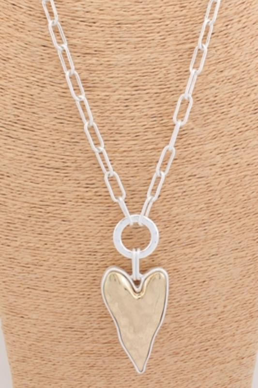 Hammered Gold & Silver Long Heart Pendant