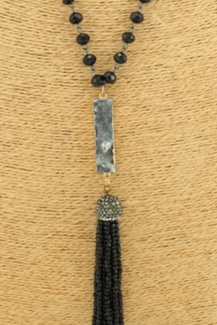 Long Beaded Tassel Druzy Necklace