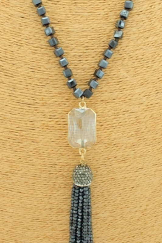Long Charcoal Black  Beaded Tassel Necklace