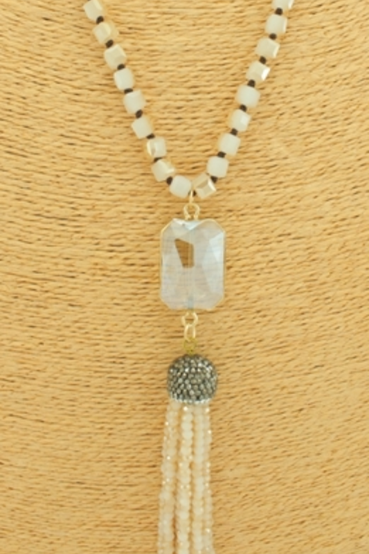 Long Beige Beaded Tassel Necklace