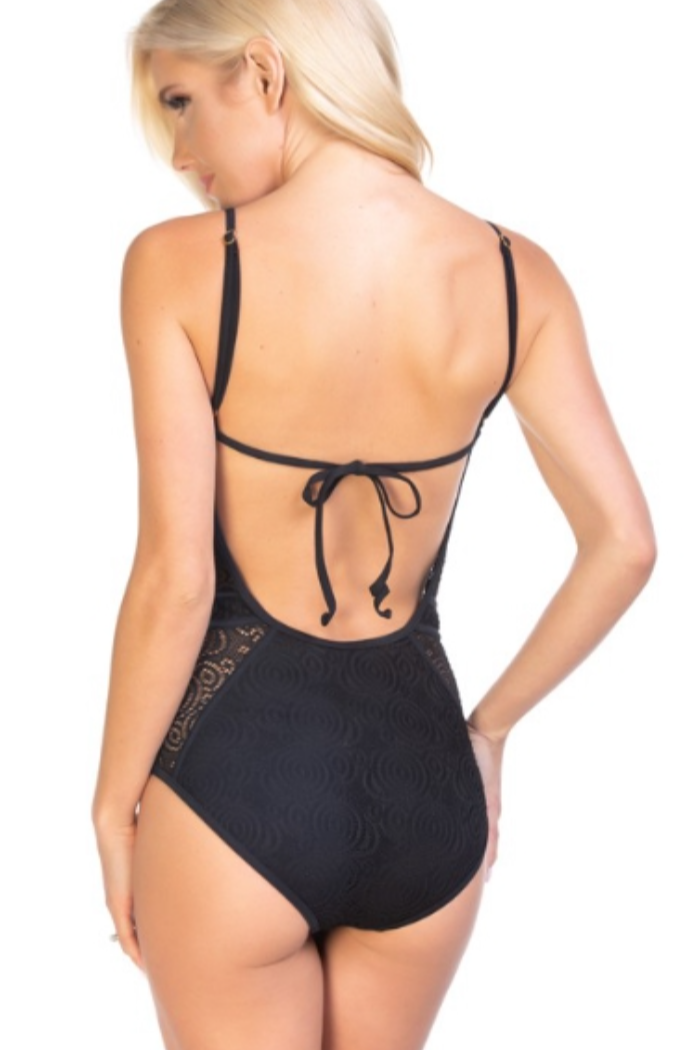 Mesh Lace Black One-Piece Swimsuit
