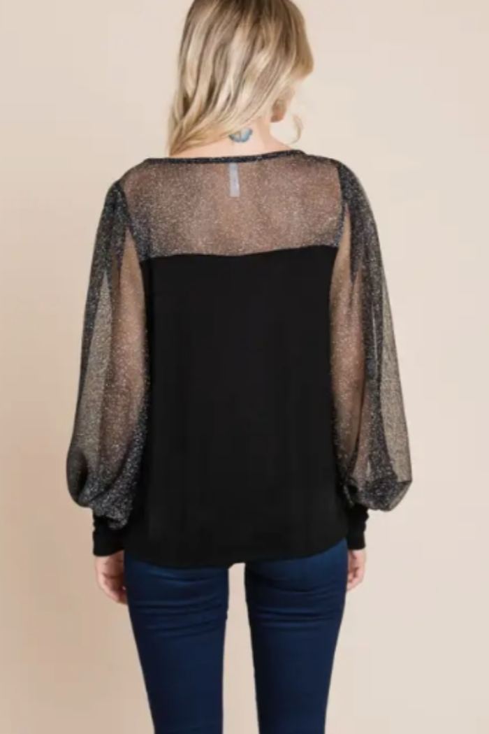 Dressy Black Knit Silver Mesh Top