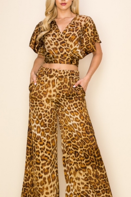 Leopard Print Crop Top and Full Pant Set