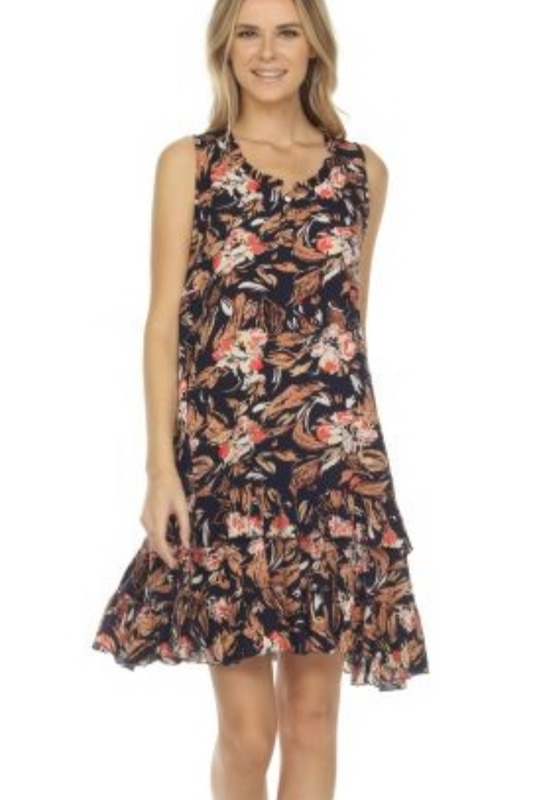 Ruffle Trimmed Sleeveless Dress - Floral on Navy
