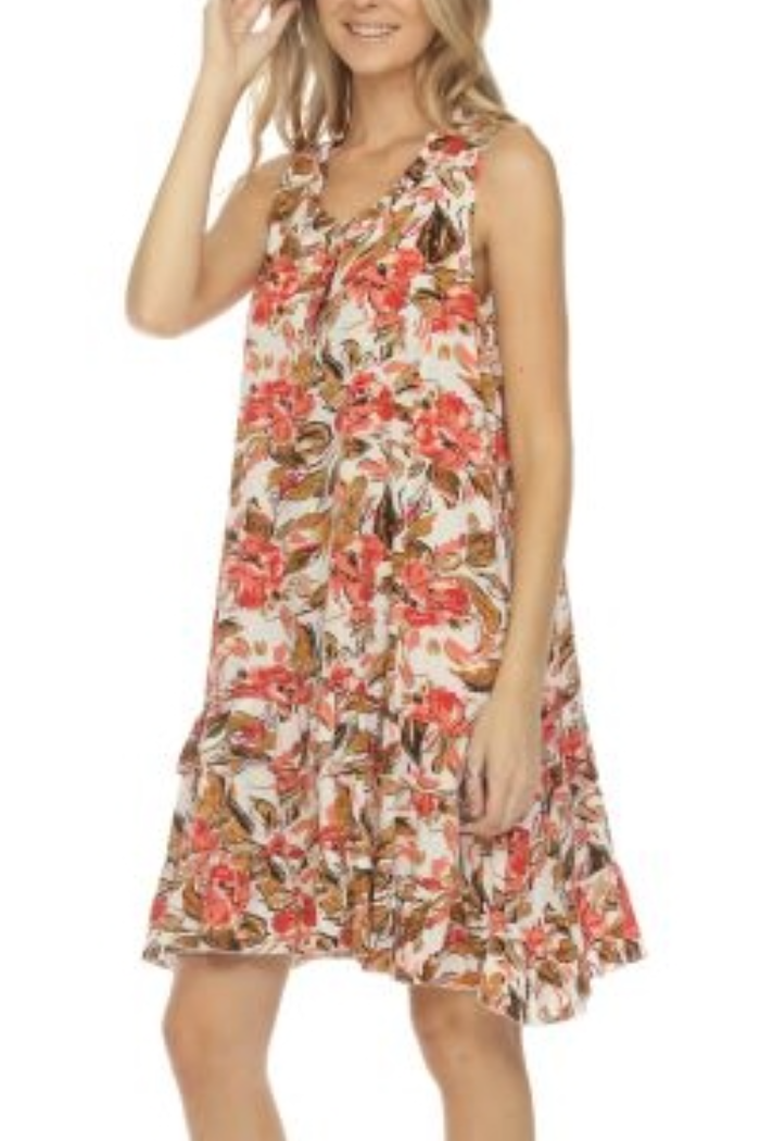 Ruffle Trimmed Sleeveless Dress - Floral on White