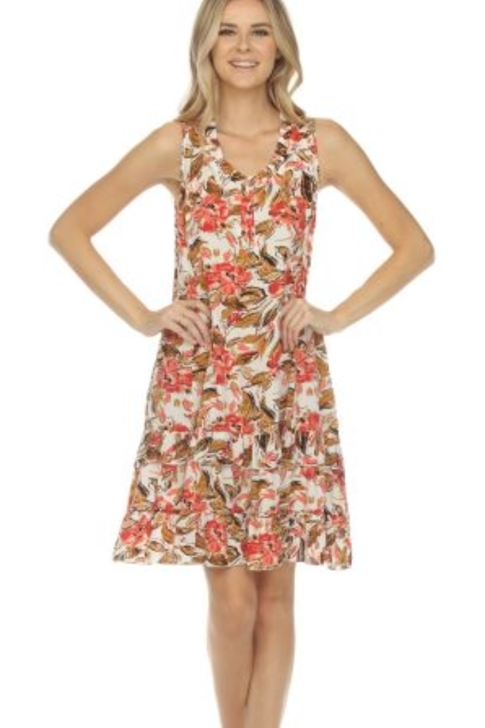 Ruffle Trimmed Sleeveless Dress - Floral on White