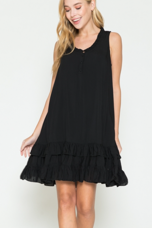 Ruffle Trimmed Sleeveless Dress - Black