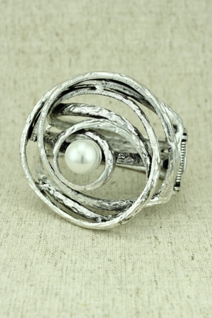 Hinged Large Silver Metal Bracelet with Pearl