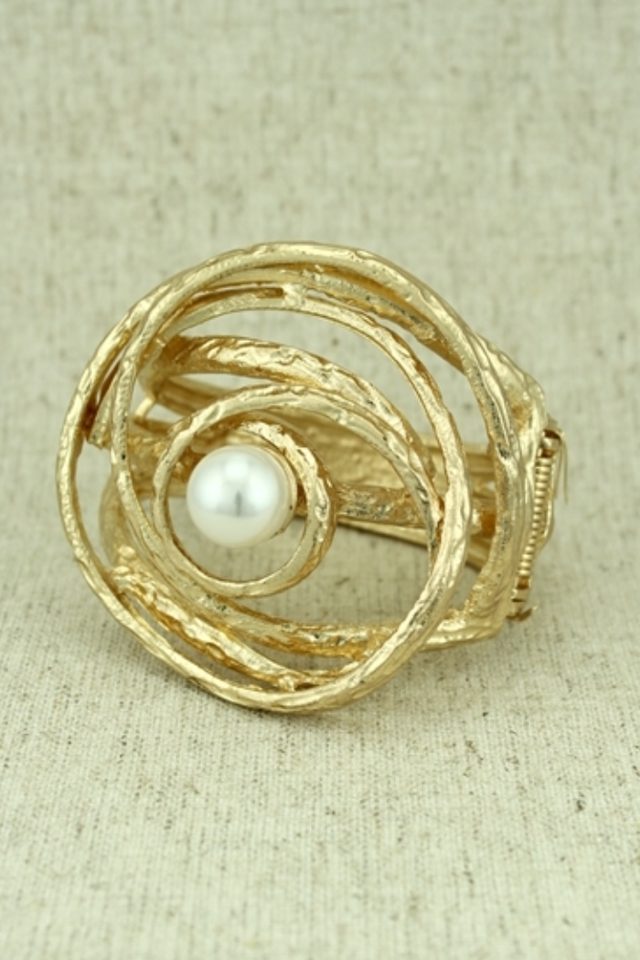 Hinged Large Gold Metal Bracelet with Pearl