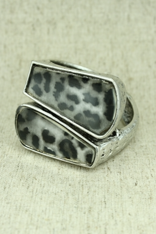 Silver Hinged Statement Bracelet with Black & Grey Leopard Print