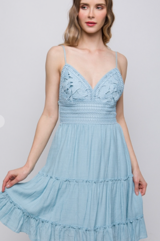 Lace Design Tiered Short Dress in Sky Blue